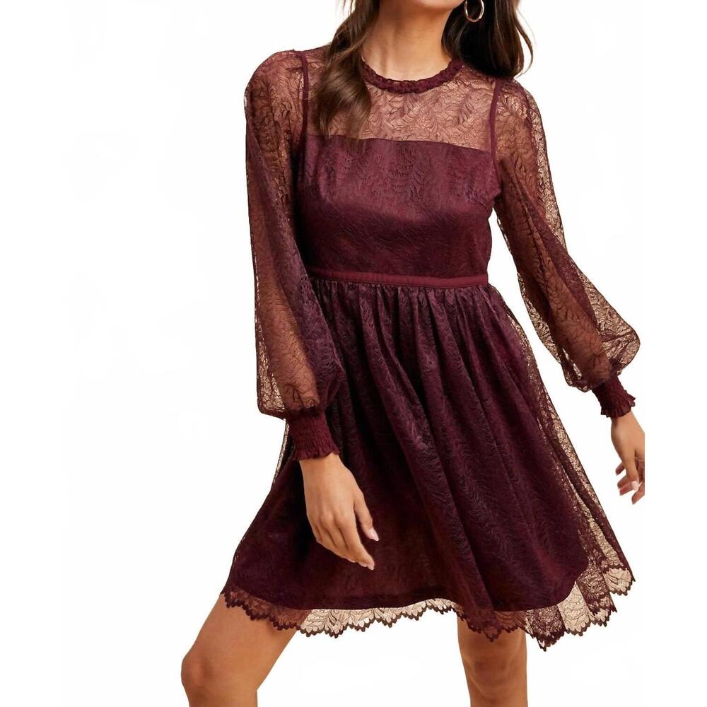 NEW IN-LOOM ruffled neck mini lace dress in merlot
